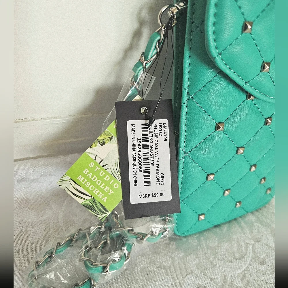 Badgley Mischka Teal Green Diamond Quilted and Studded Phone Case Crossbody